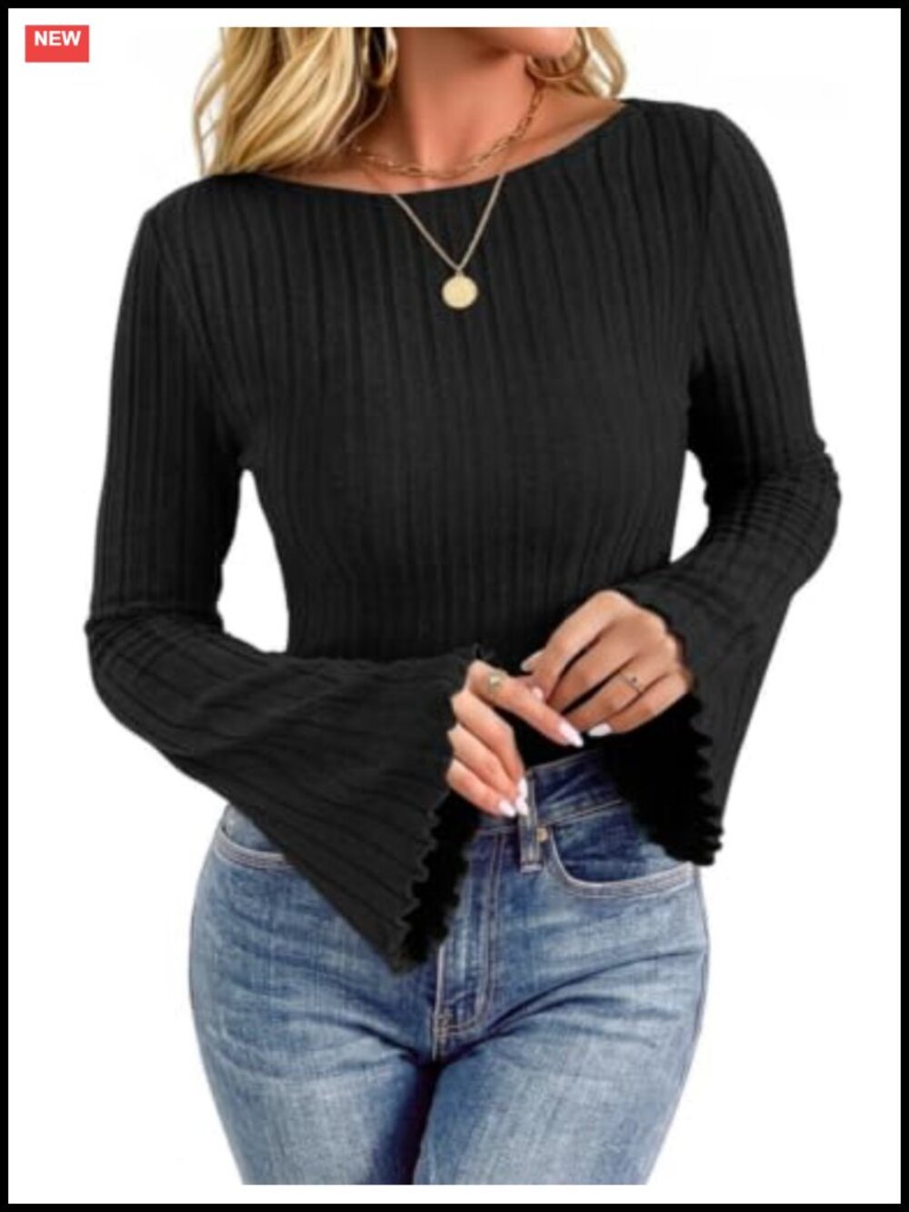 Bell Sleeve Boat Neck Sweater Relaxed Fit Long Sleeve Knit Pullover